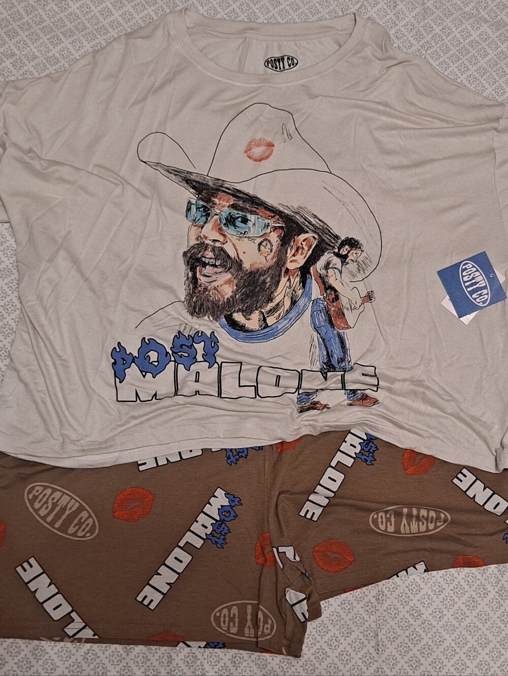 Post Malone Womens Graphic Tee and Shorts Set - Cream & Brown Sz 2X